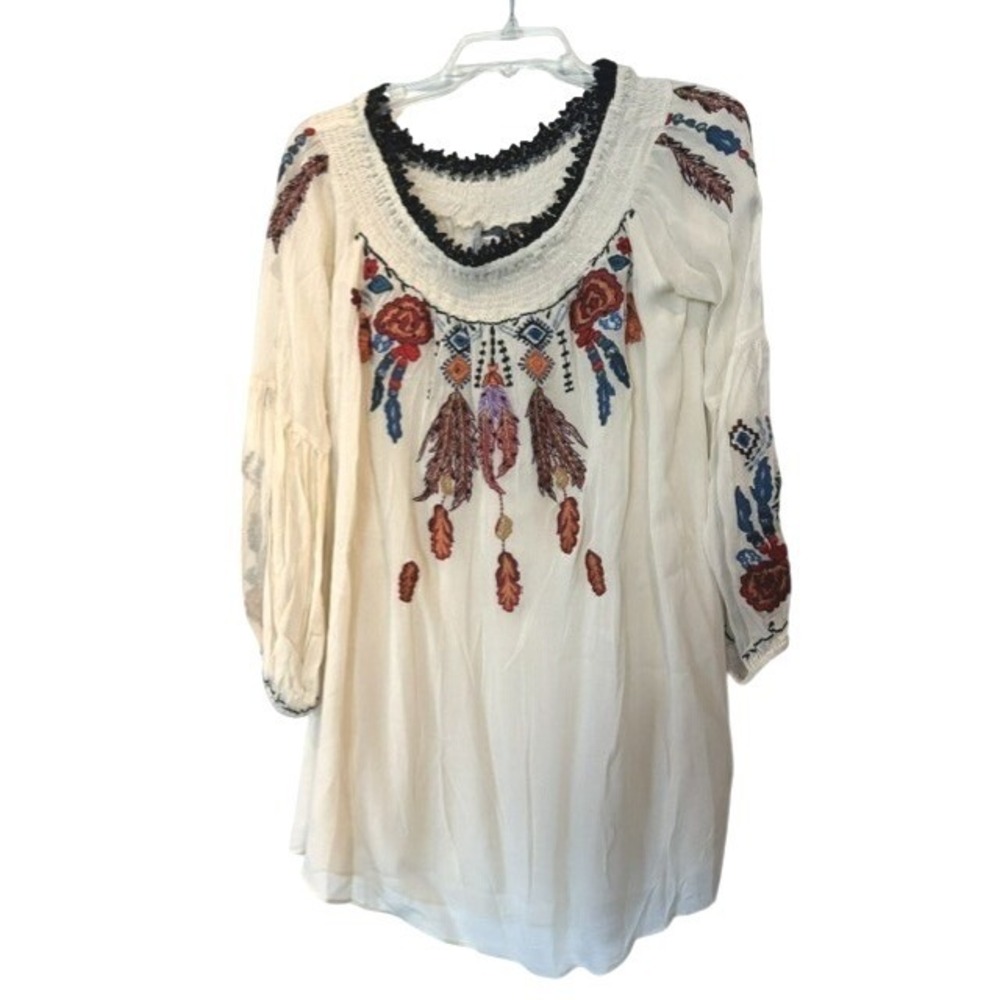 Vintage Collection Tunic M Embroidered Feather Western Cream Viscose Top NWT